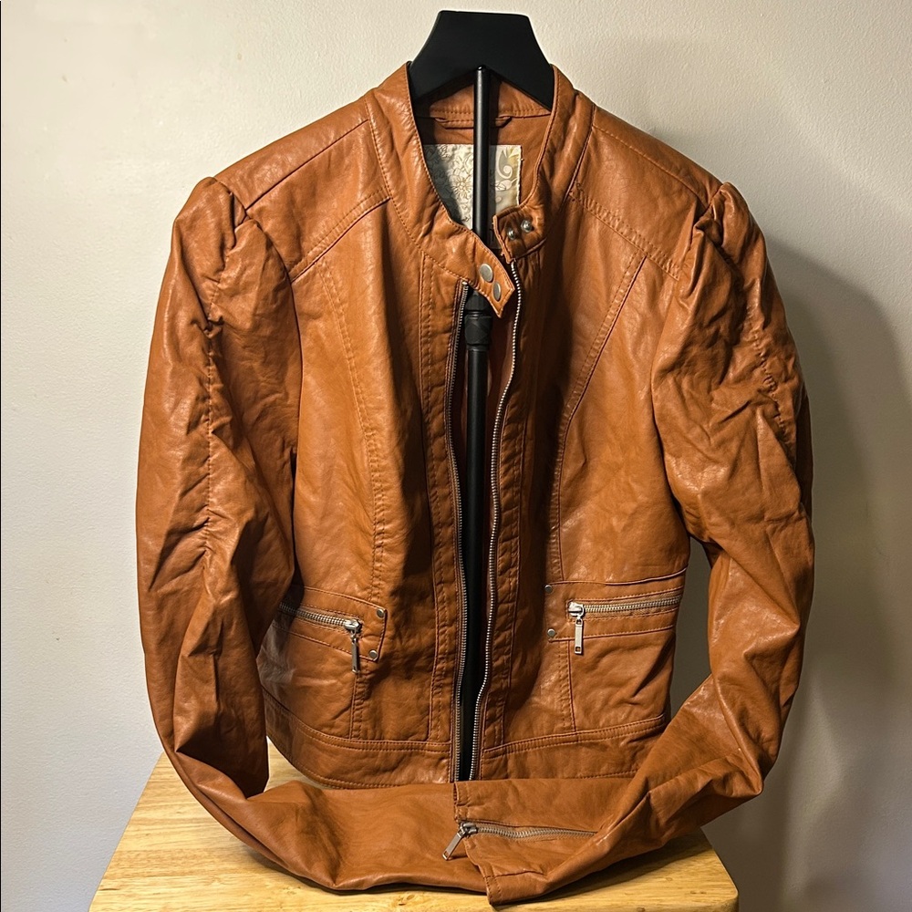 Arden B Tan Leather like Bomber Jacket